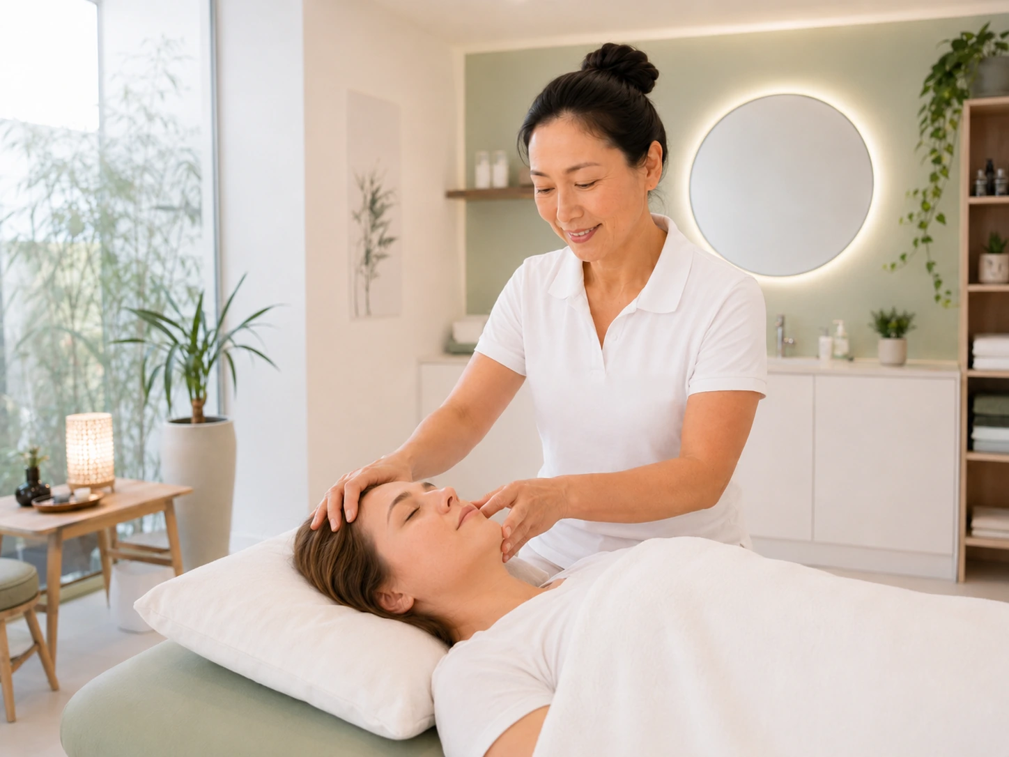 Therapeutische Arbeit an Schläfen und Stirn während einer Sitzung im Akupunktur Zentrum Baar