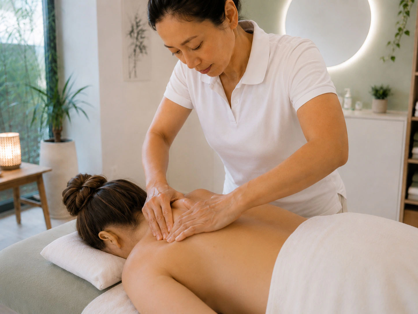 Therapeutin arbeitet mit Druck an Punkten des oberen Rückens im Akupunktur Zentrum Baar